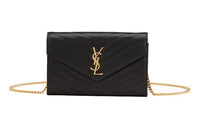 SAINT LAURENT Monogram Chain Wallet Matelasse Grain De Poudre Gold tone Black