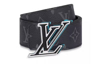 LOUIS VUITTON Logo Print Smooth Buckle Leather Belts Men's Black
