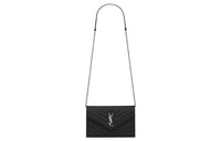 SAINT LAURENT Envelope Chain Wallet Grain De Poudre Silver tone Black