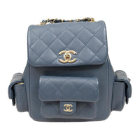 CHANEL Grained Cow Leather Backpack Large Size Women's Gray Blue