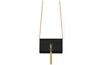 SAINT LAURENT KATE Grain Pattern Embossed Cow Leather Chain Wallet Women's Black