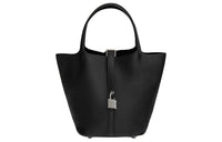 HERMES Picotin Lock Clemence Bullock Leather Combo Ostrich Leather Controller Basket Bag Handbag Women's Black