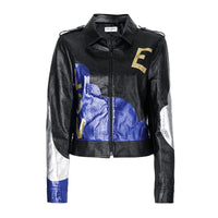 SAINT LAURENT Leather Jacket Women's Blue, Black & Multicolor