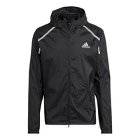 Men's adidas Solid Color Logo Printing Sports Hooded Long Sleeves Jacket Black HK5637