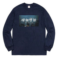 تي شيرت Supreme FW18 The Killer L/S Navy Bloody Twins Chow Yun Fat Chest Print بأكمام طويلة للجنسين أزرق داكن SUP-FW18-677