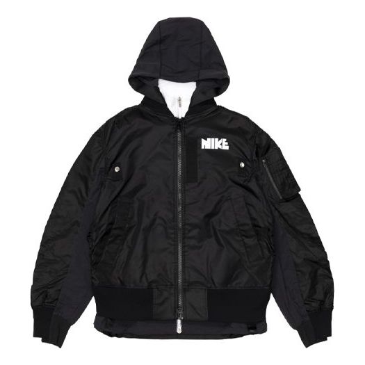 جاكيت Nike x sacai ذو الطبقة المزدوجة المتباينة بغطاء رأس، مقاسات آسيوية، أسود، CZ4697-010