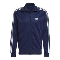 Men's adidas originals Retro Sports Stripe Logo Zipper Stand Collar Jacket Navy Blue HK7364