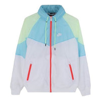 جاكيت Nike Sports Windproof Colorblock بغطاء رأس وشعار أزرق وأبيض وأزرق وأبيض AR2210-101