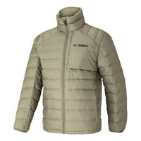 جاكيت adidas Terrex مطبوع عليه شعار Terrex للأنشطة الخارجية دافئ وياقة واقفة وخفيف الوزن باللون الأخضر HE3687